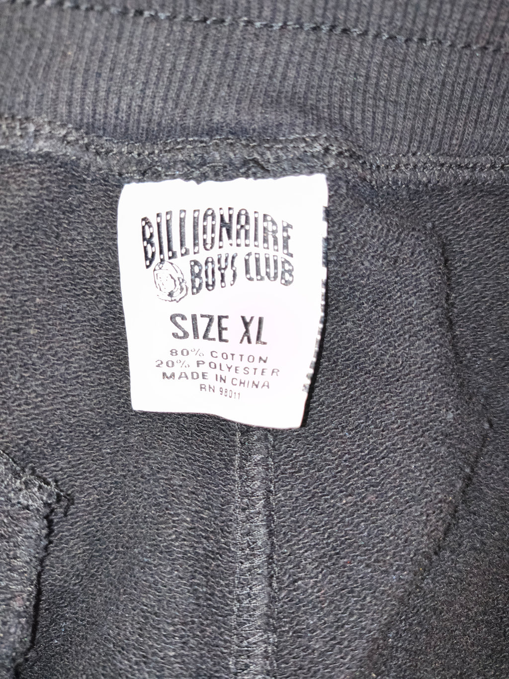 Billionaire Boys Club XL label showing 80% cotton and 20% polyester