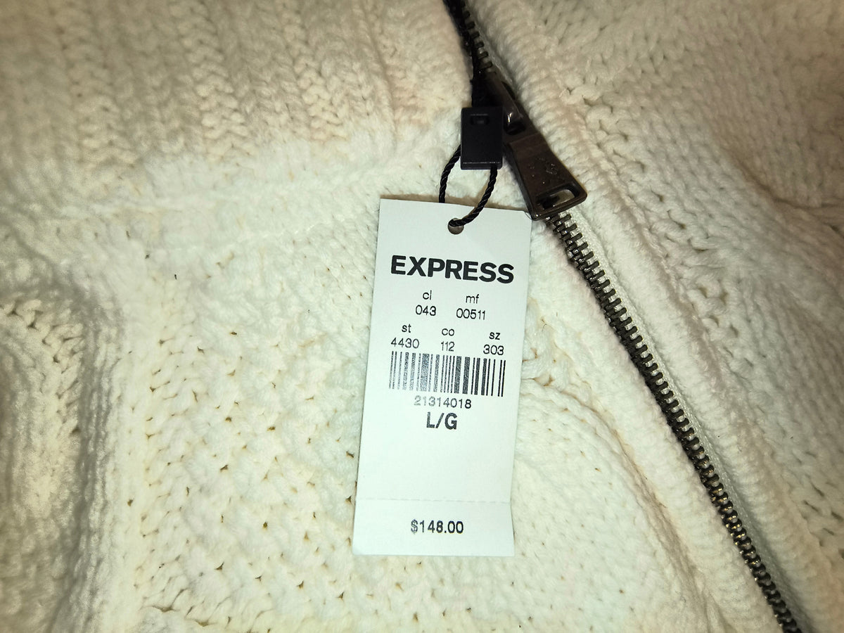 Express Cream Sherpa Lined Full Zip Cable Knit Sweater Jacket - Men's Large (NWT)