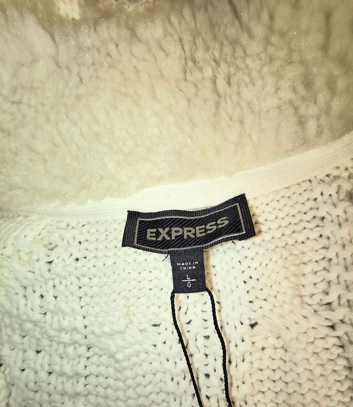 Express Cream Sherpa Lined Full Zip Cable Knit Sweater Jacket - Men's Large (NWT)