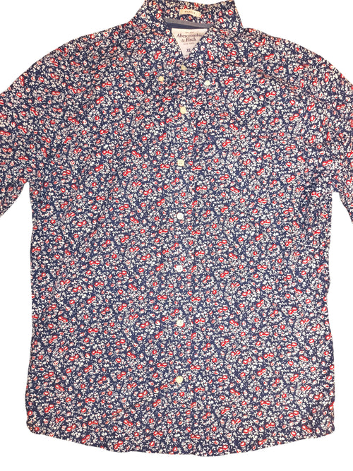 Abercrombie & Fitch Muscle Fit Navy Blue Floral Print Button-Down Shirt - Men's XL