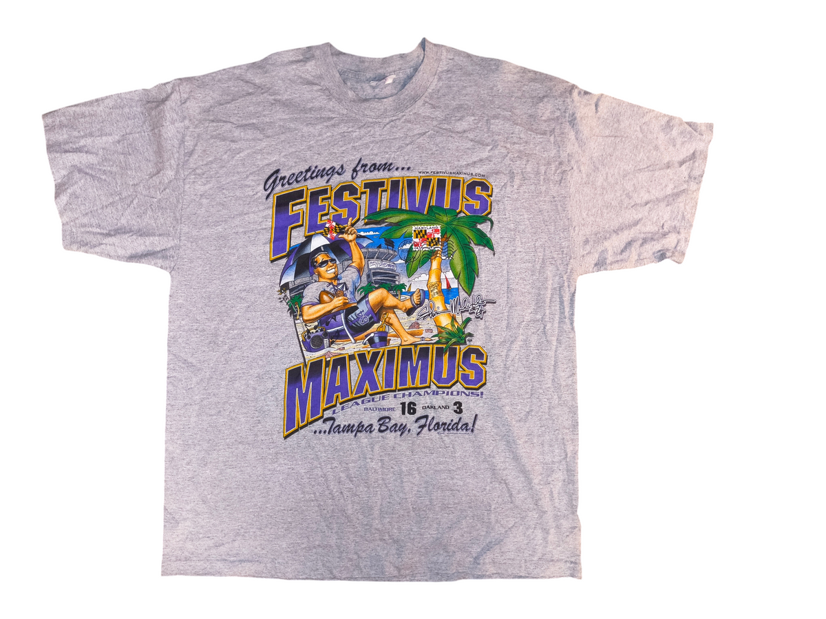 Vintage 2001 Baltimore Ravens Festivus Maximus Super Bowl Champs T-Shirt - Grey Men's Size XL (VGUC)