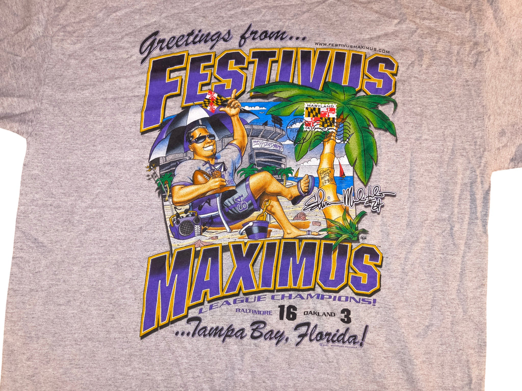 Vintage 2001 Baltimore Ravens Festivus Maximus Super Bowl Champs T-Shirt - Grey Men's Size XL (VGUC)