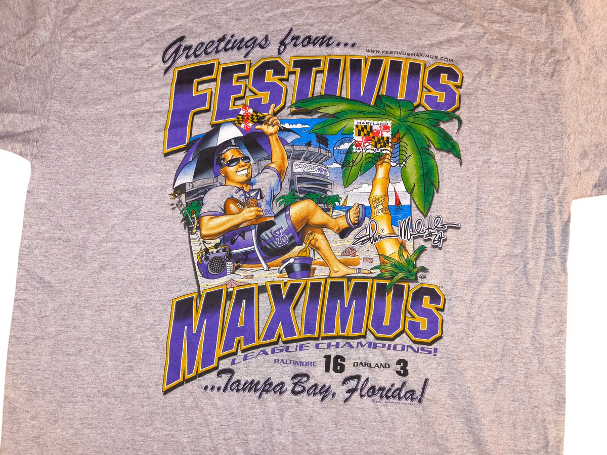 Vintage 2001 Baltimore Ravens Festivus Maximus Super Bowl Champs T-Shirt - Grey Men's Size XL (VGUC)
