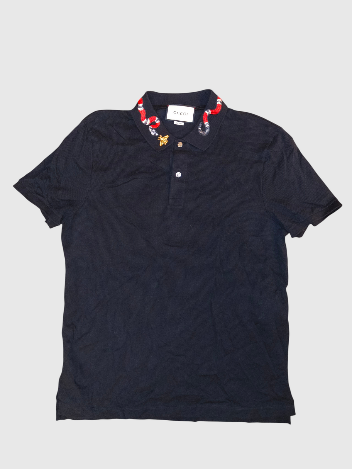 Gucci Embroidered Kingsnake & Bee Collar Cotton Polo Shirt Black Made in Italy