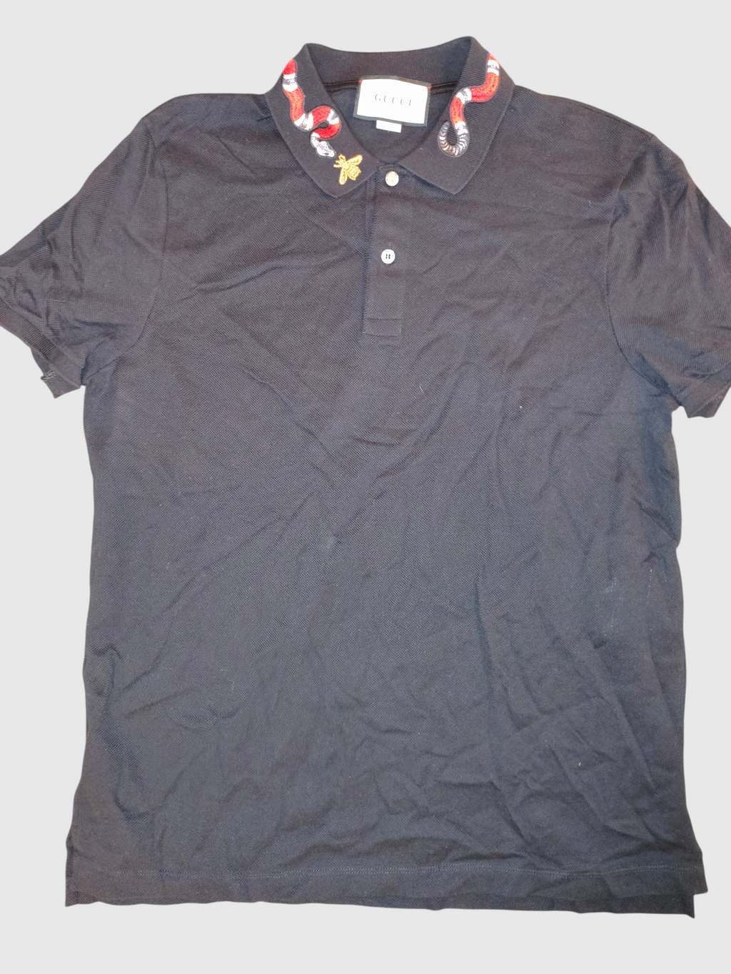 Gucci Embroidered Kingsnake & Bee Collar Cotton Polo Shirt Black Made in Italy