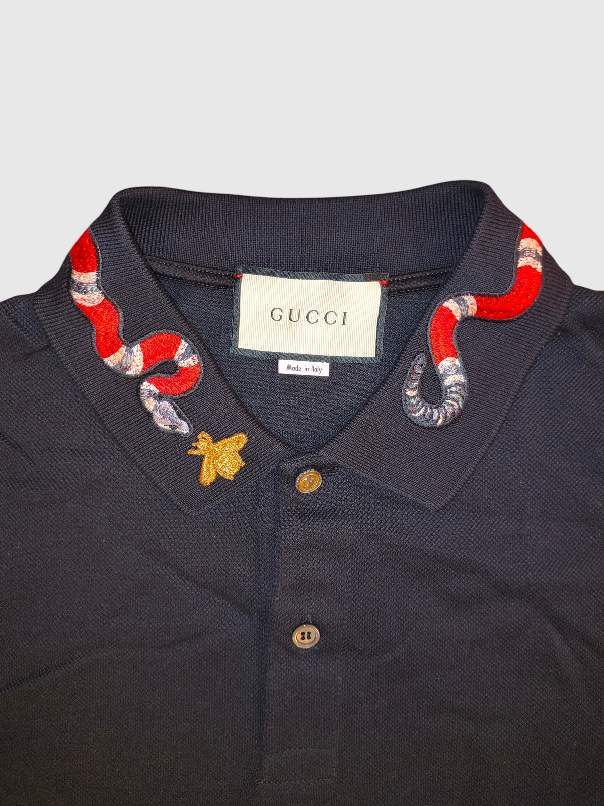 Gucci Embroidered Kingsnake & Bee Collar Cotton Polo Shirt Black Made in Italy