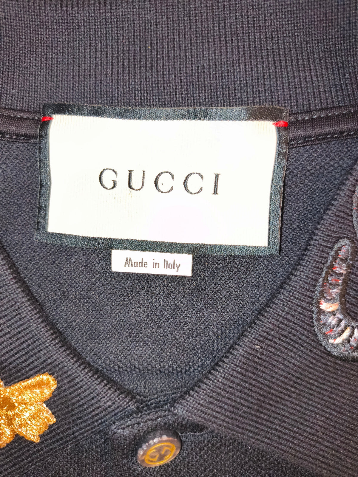Gucci Embroidered Kingsnake & Bee Collar Cotton Polo Shirt Black Made in Italy