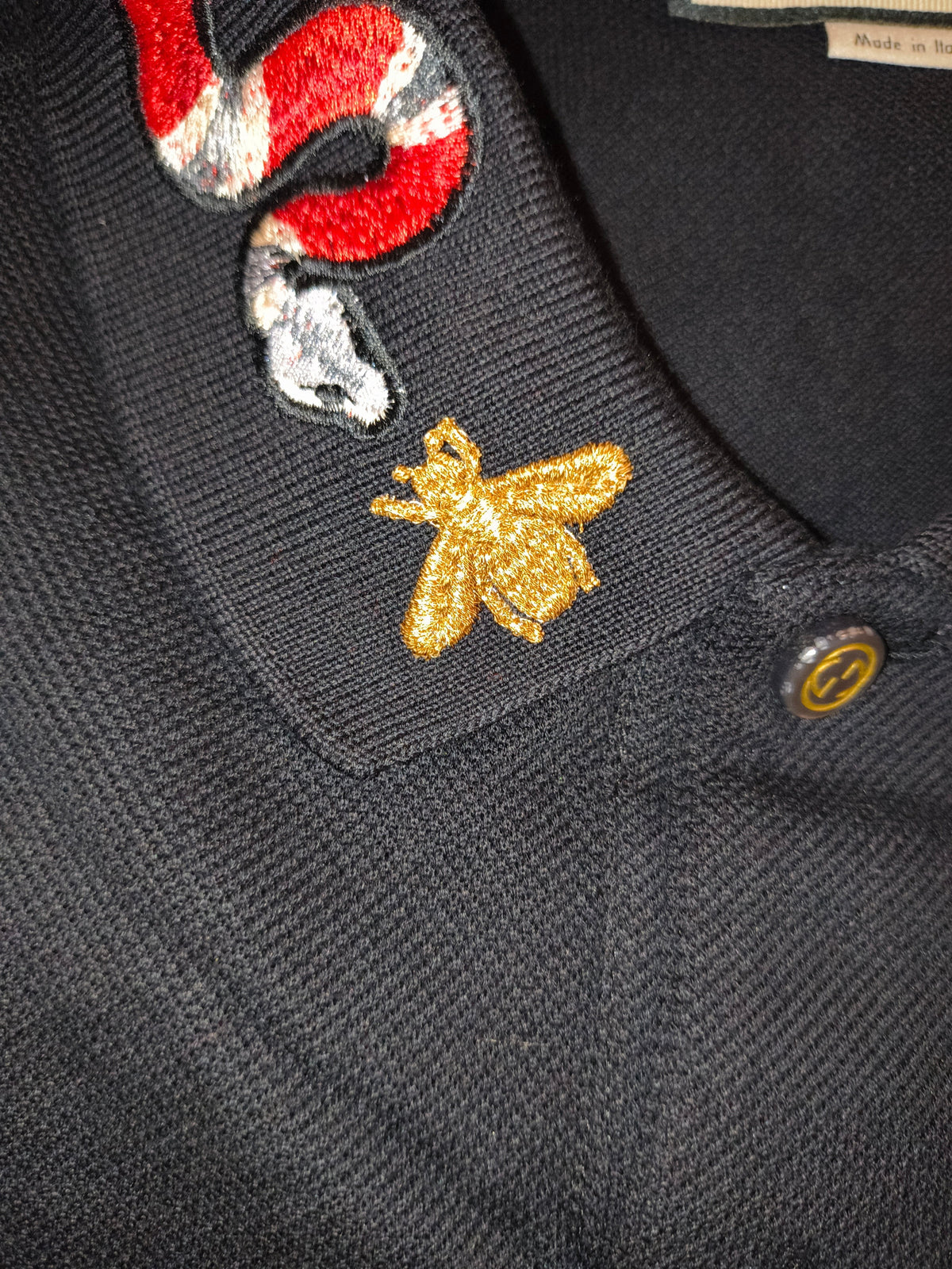 Gucci Embroidered Kingsnake & Bee Collar Cotton Polo Shirt Black Made in Italy