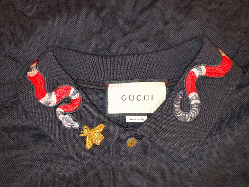 Gucci Embroidered Kingsnake & Bee Collar Cotton Polo Shirt Black Made in Italy