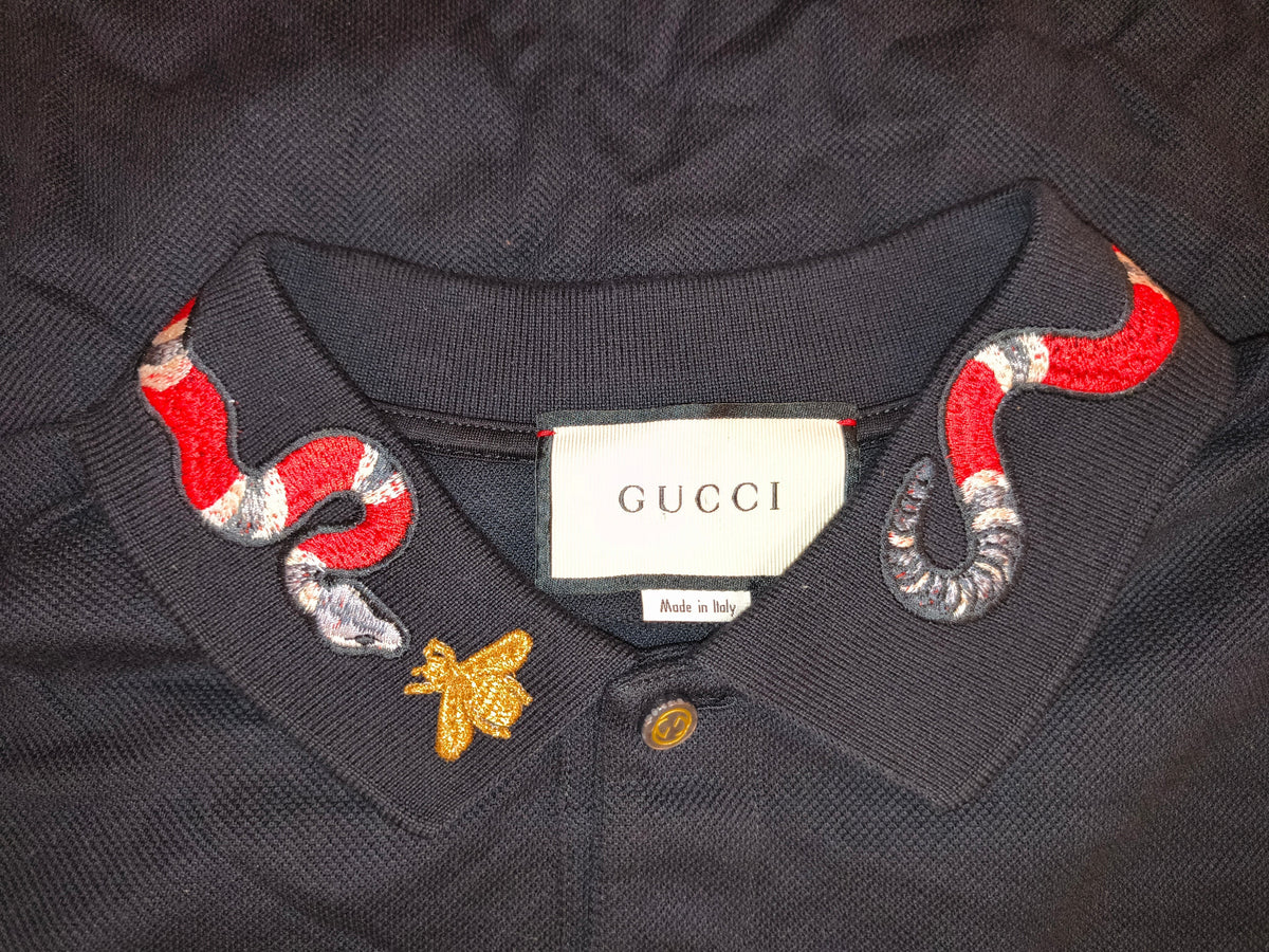 Gucci Embroidered Kingsnake & Bee Collar Cotton Polo Shirt Black Made in Italy