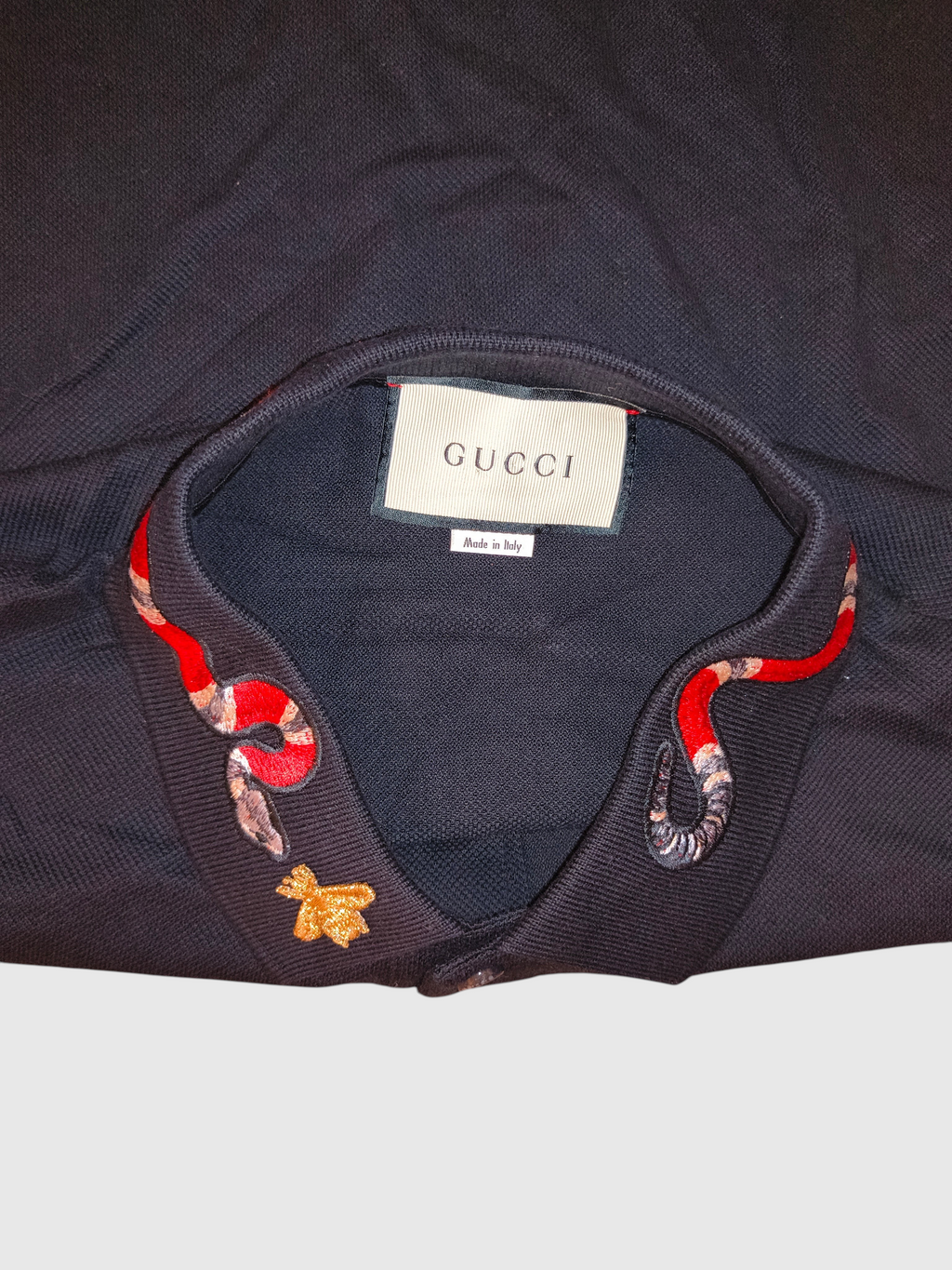 Gucci Embroidered Kingsnake & Bee Collar Cotton Polo Shirt Black Made in Italy