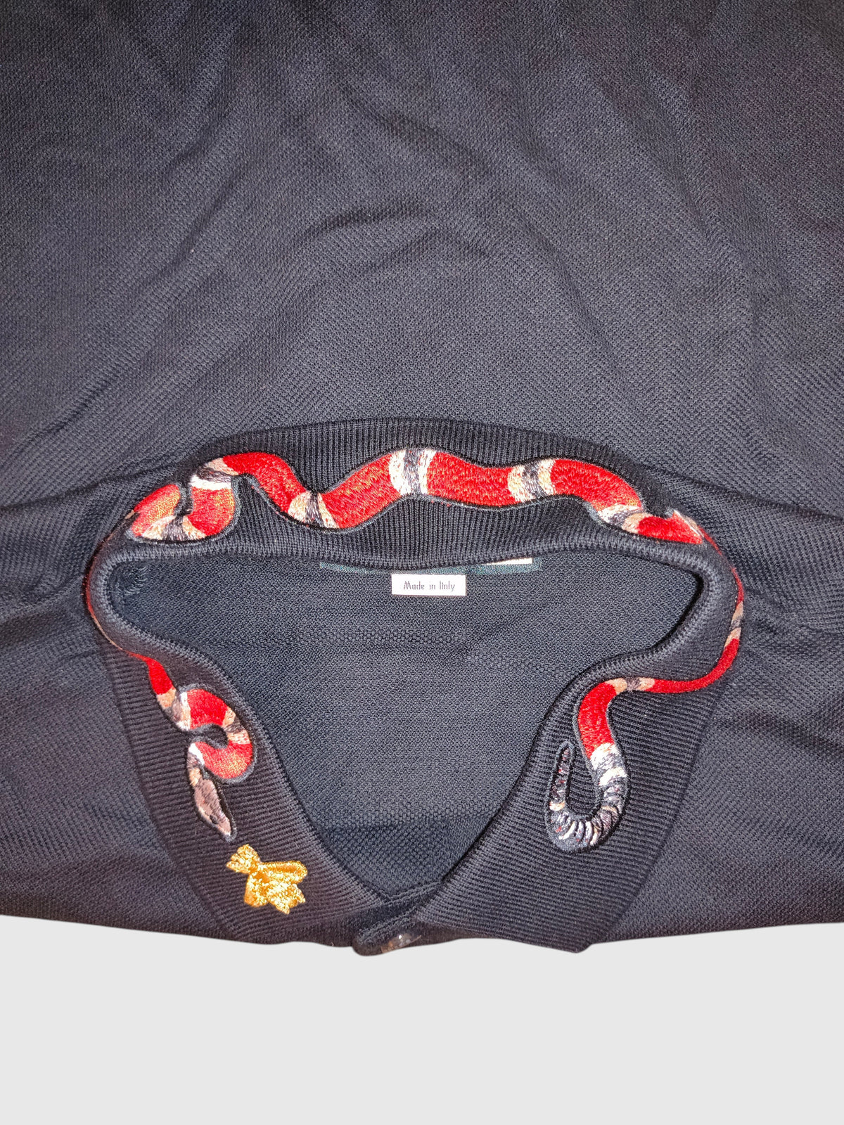 Gucci Embroidered Kingsnake & Bee Collar Cotton Polo Shirt Black Made in Italy
