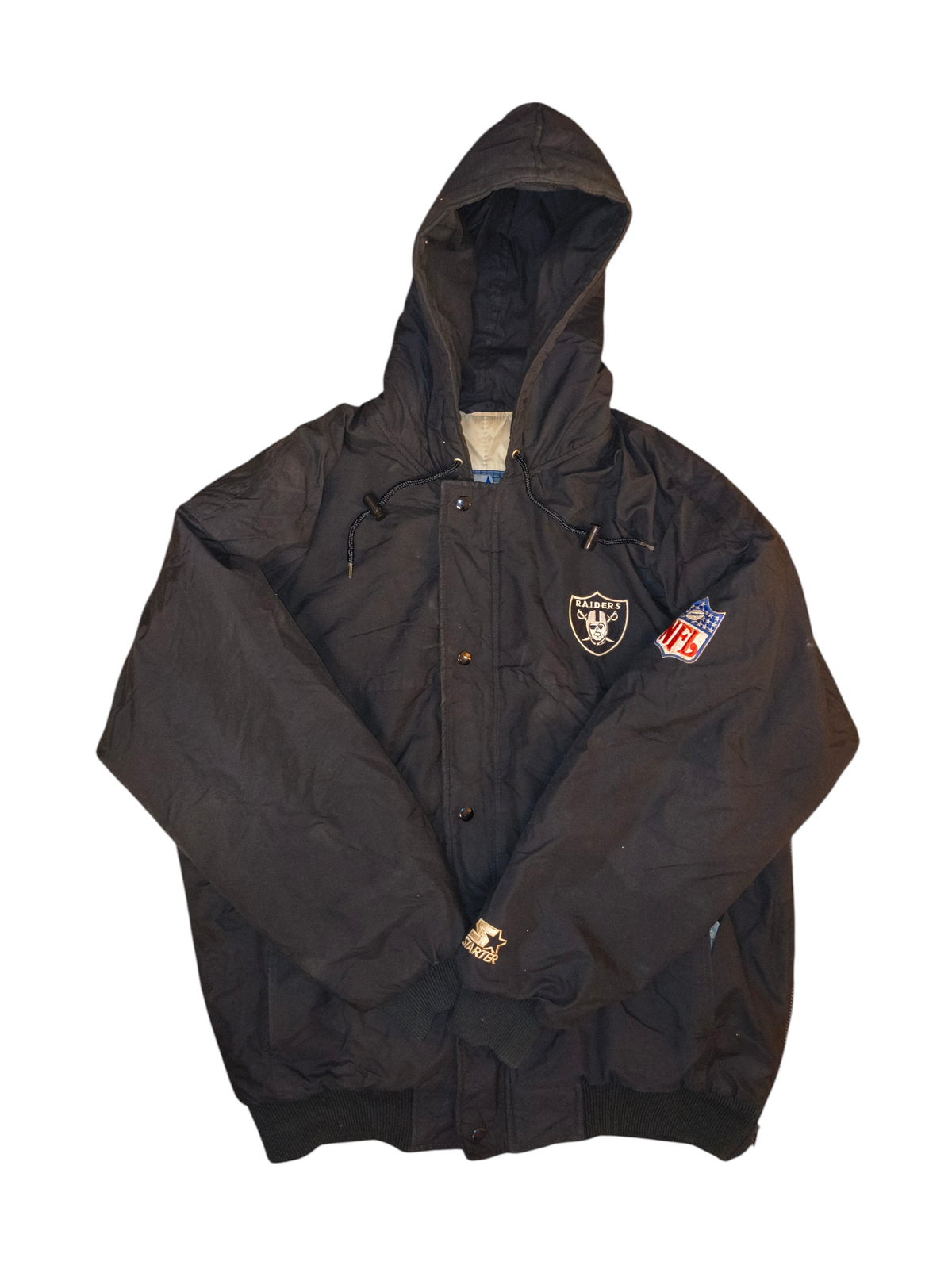 Vintage 90s Starter NFL Oakland Raiders Hooded Puffer Parka Jacket Black Men's Large