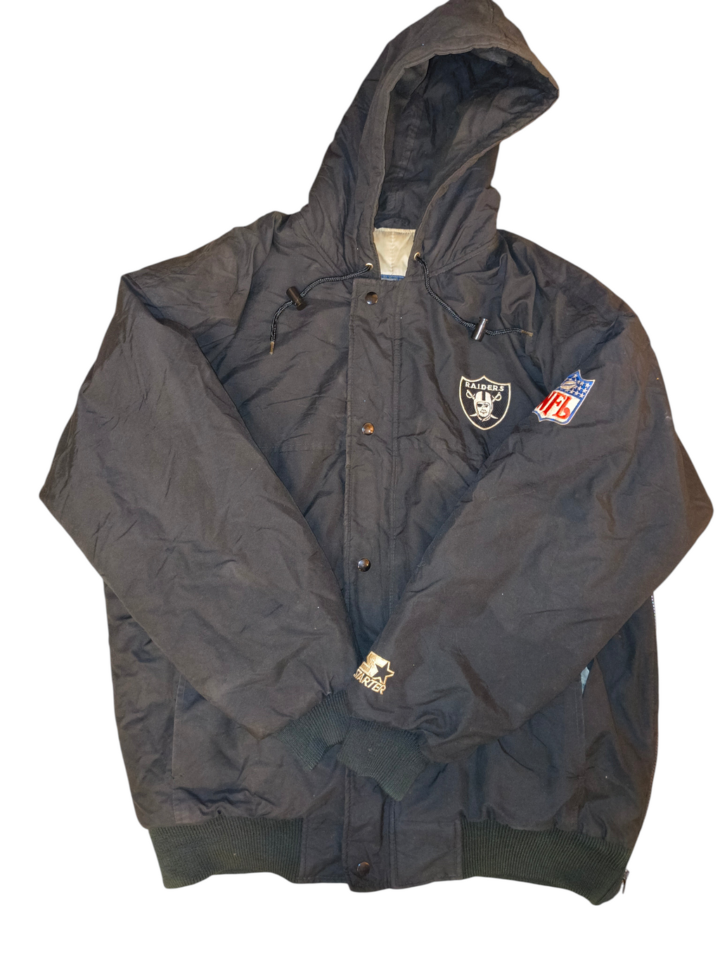 Vintage 90s Starter NFL Oakland Raiders Hooded Puffer Parka Jacket Black Men's Large