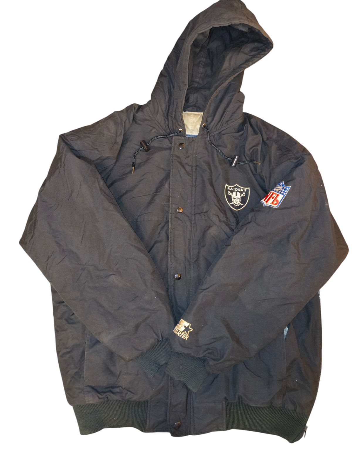 Vintage 90s Starter NFL Oakland Raiders Hooded Puffer Parka Jacket Black Men's Large