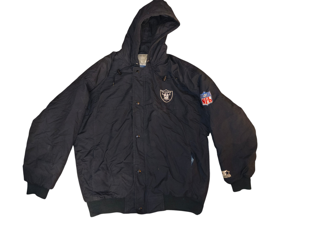 Vintage 90s Starter NFL Oakland Raiders Hooded Puffer Parka Jacket Black Men's Large