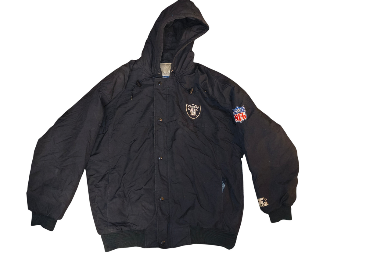 Vintage 90s Starter NFL Oakland Raiders Hooded Puffer Parka Jacket Black Men's Large
