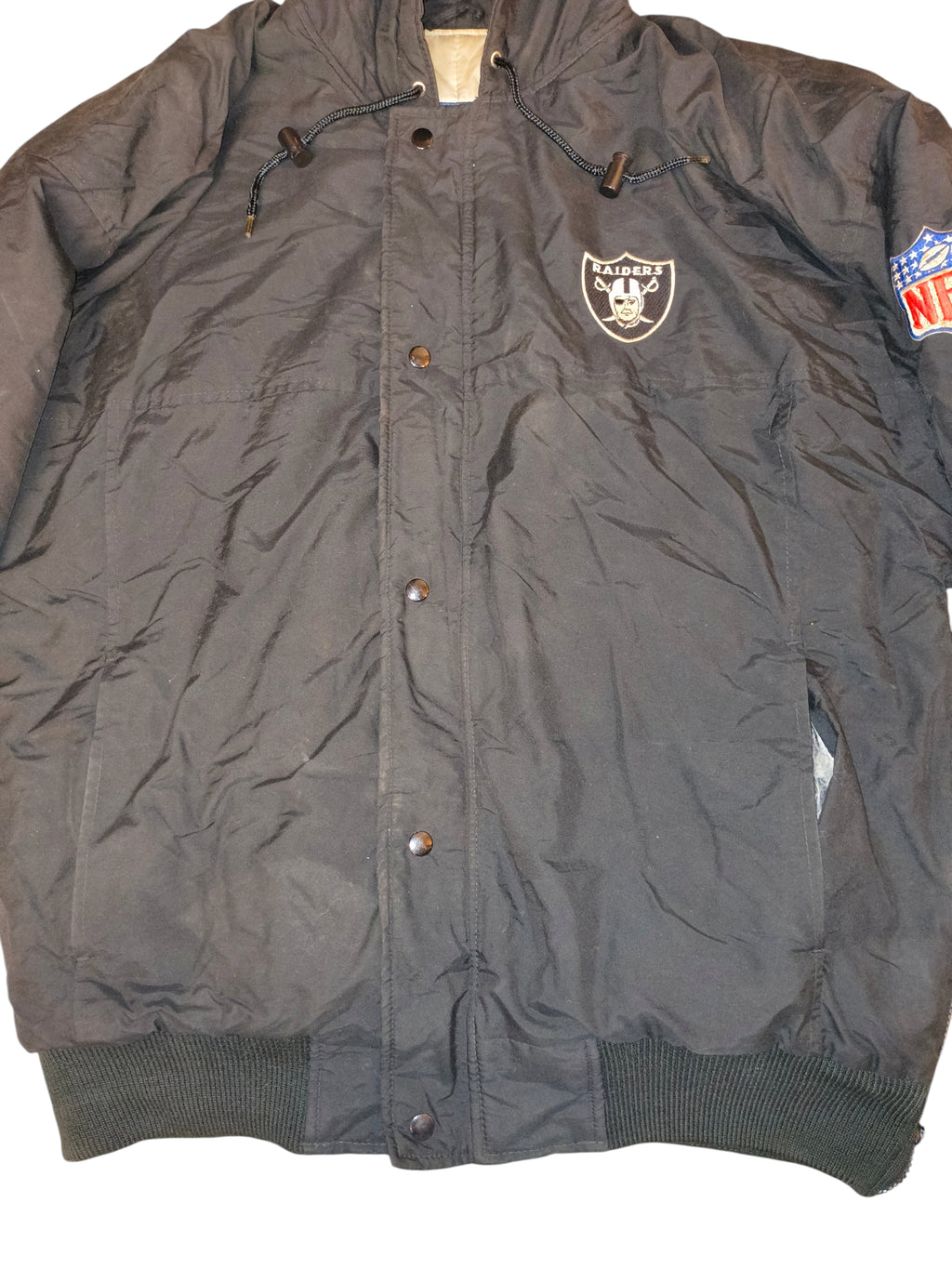 Vintage 90s Starter NFL Oakland Raiders Hooded Puffer Parka Jacket Black Men's Large