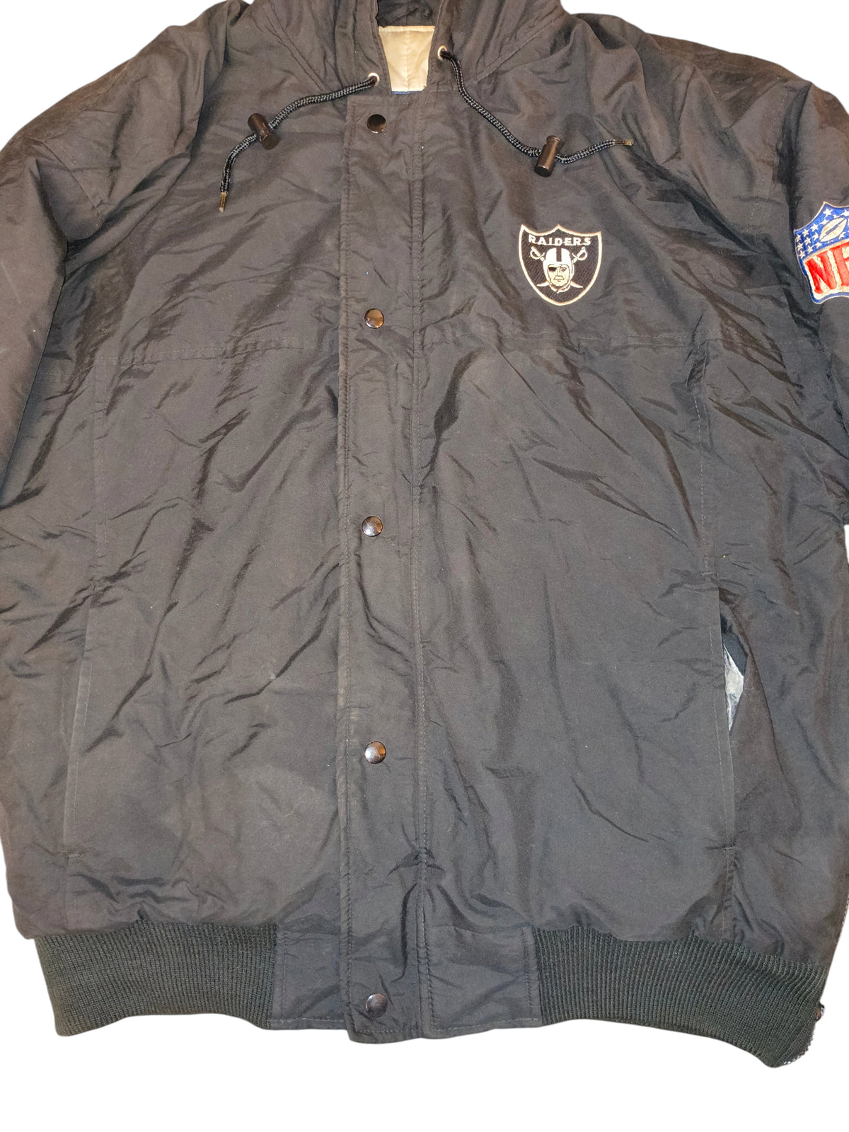 Vintage 90s Starter NFL Oakland Raiders Hooded Puffer Parka Jacket Black Men's Large