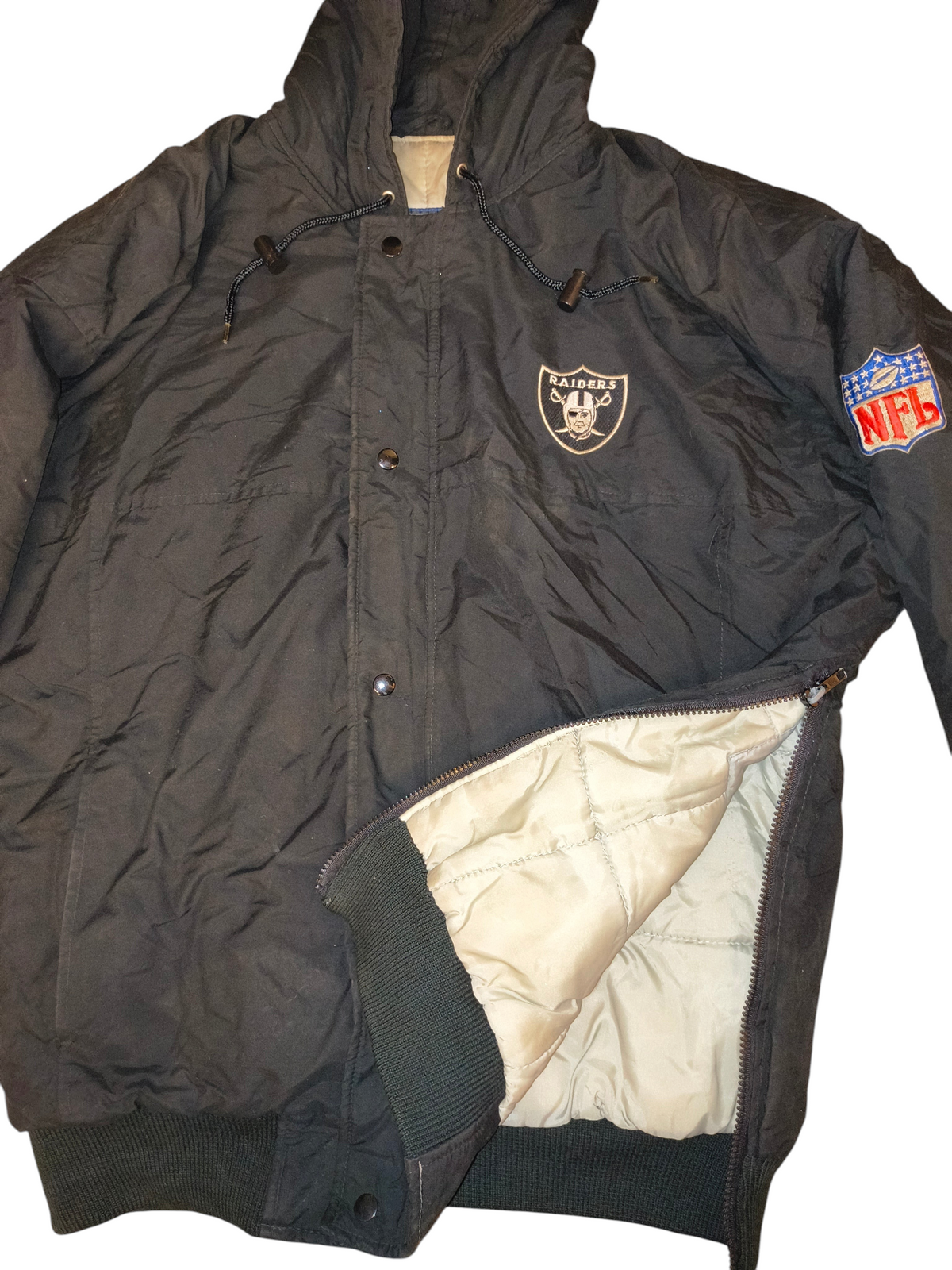 Vintage 90s Starter NFL Oakland Raiders Hooded Puffer Parka Jacket Black Men's Large