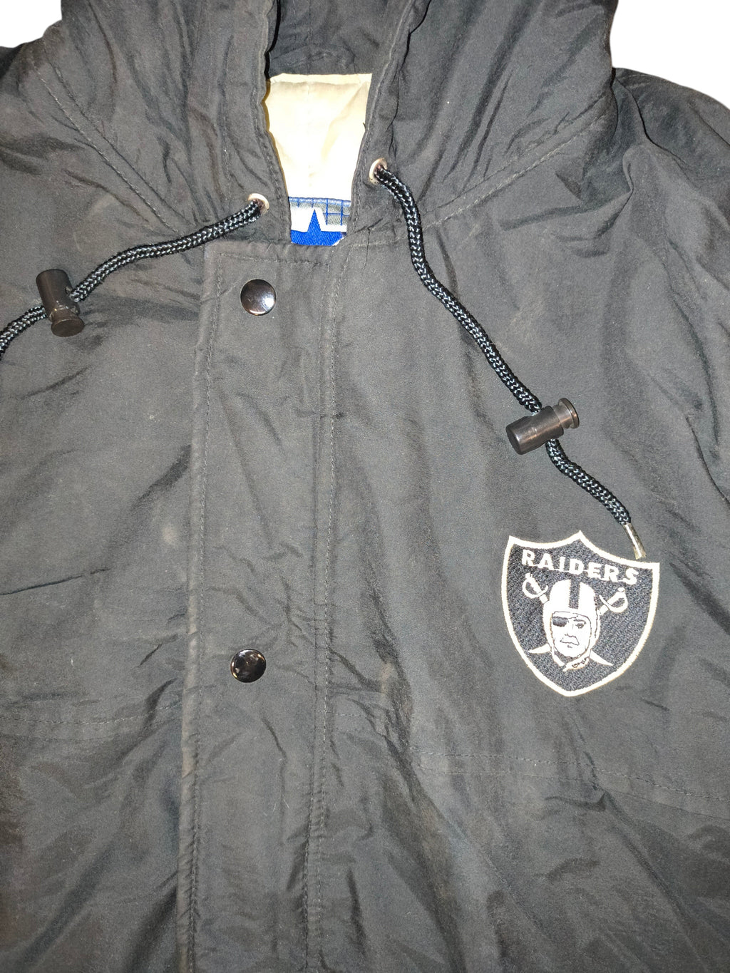 Vintage 90s Starter NFL Oakland Raiders Hooded Puffer Parka Jacket Black Men's Large