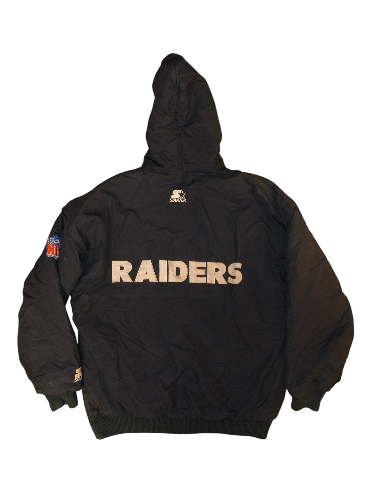 Vintage 90s Starter NFL Oakland Raiders Hooded Puffer Parka Jacket Black Men's Large