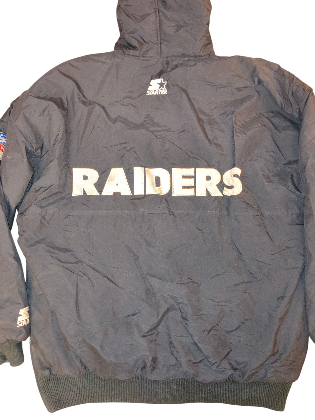 Vintage 90s Starter NFL Oakland Raiders Hooded Puffer Parka Jacket Black Men's Large