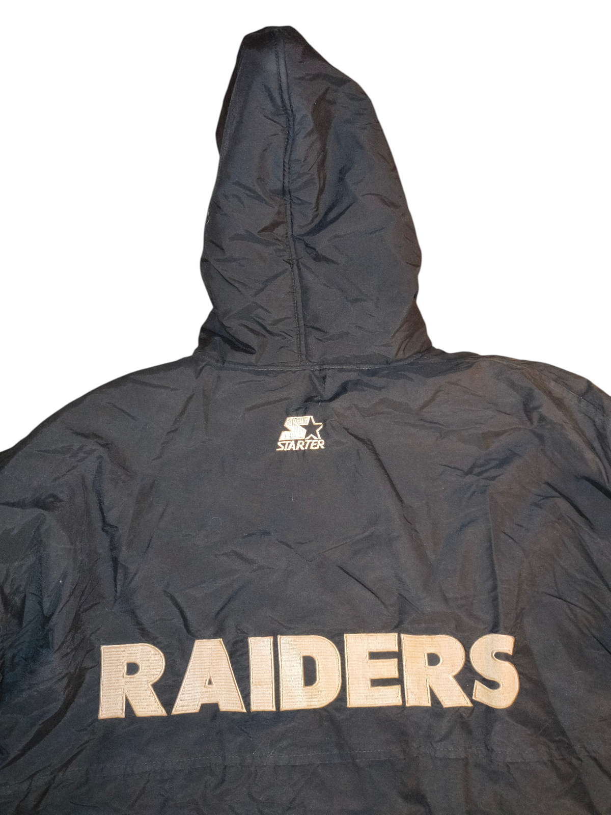 Vintage 90s Starter NFL Oakland Raiders Hooded Puffer Parka Jacket Black Men's Large