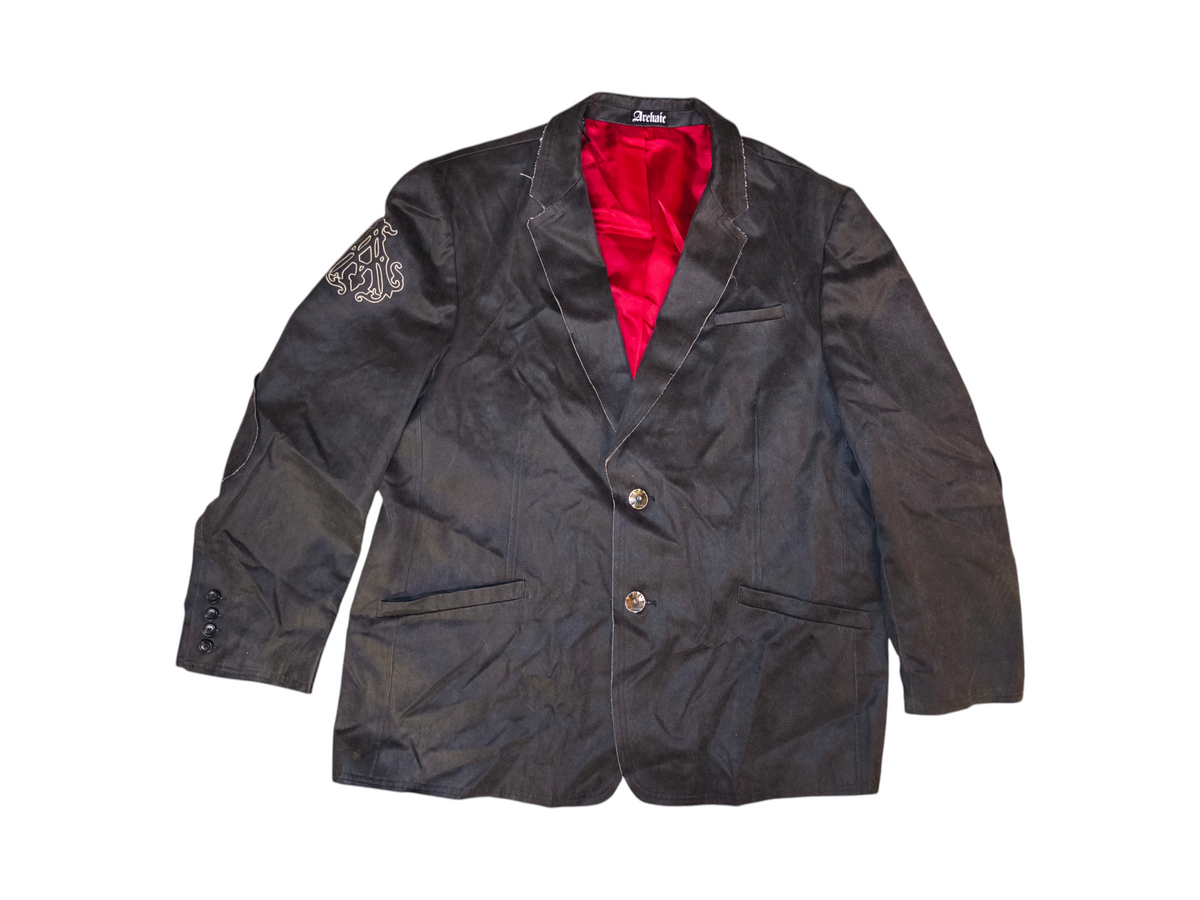 Archaic Bound For Glory Gothic Skull Graphic Faux Suede Blazer Jacket Red Lining XL