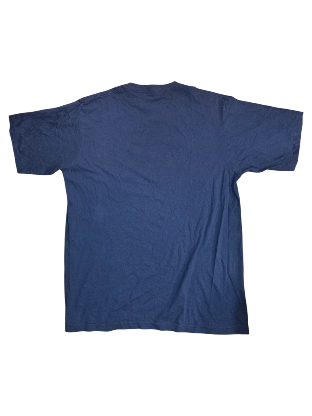 Awsum Thrift vintage 90s navy blue heavyweight cotton t-shirt, back view showing plain solid fabric.