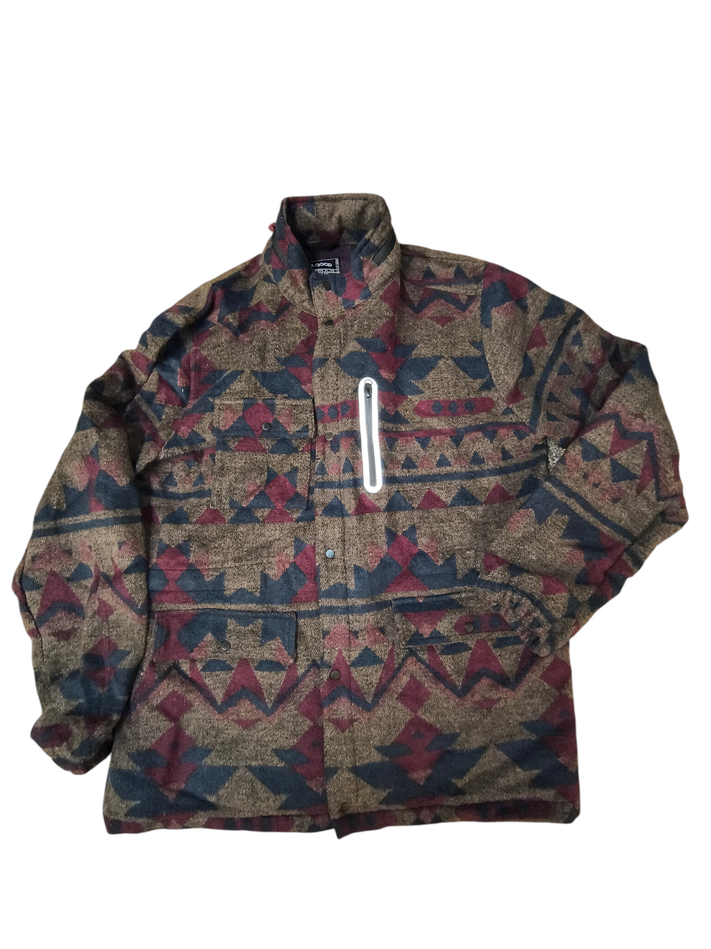 Awsum Thrift All Good men's XXL fleece shirt jacket with earth-tone Aztec geometric print and snap-button front.
