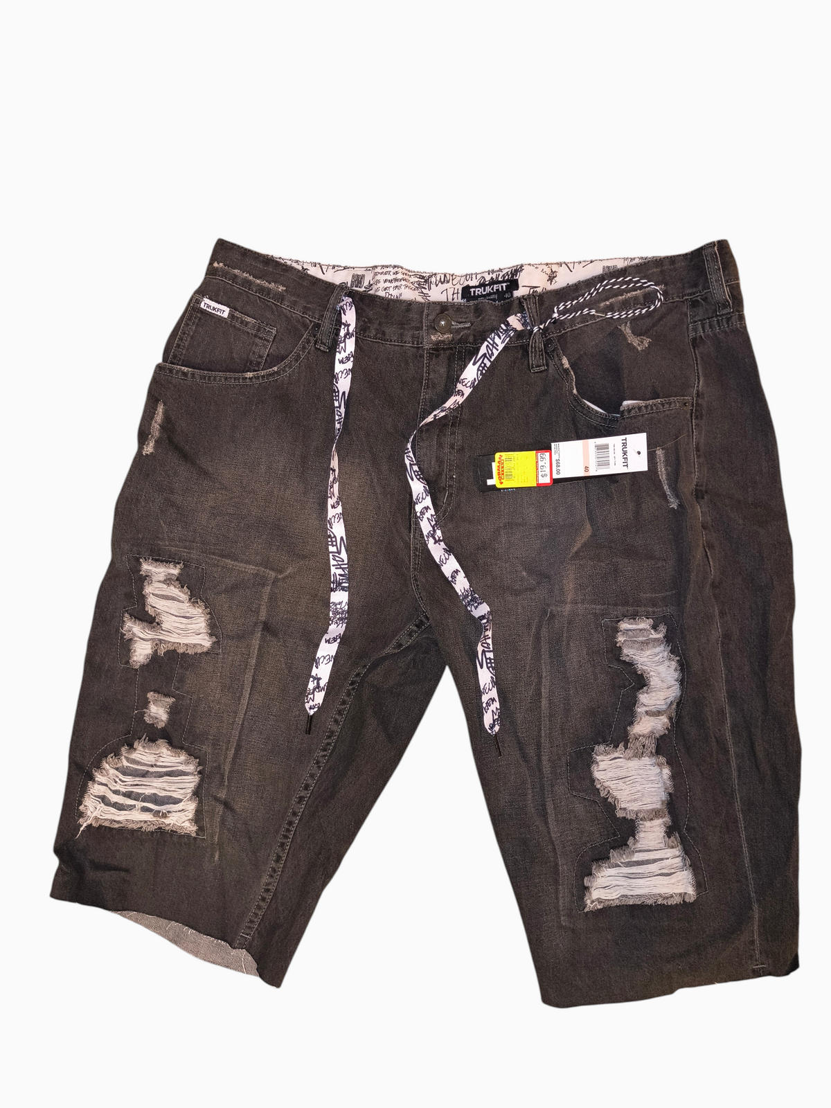 Awsum Thrift Trukfit grey distressed denim shorts with shredded panels, graphic drawstrings, and cartoon lining