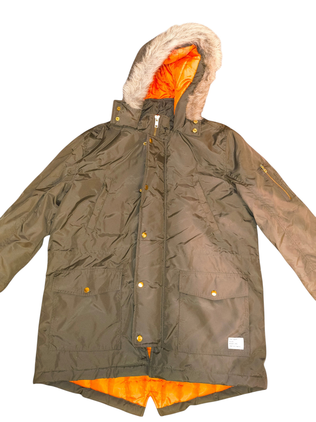 Awsum Thrift Adam Levine green parka coat with bright orange lining, faux fur hood, and gold-tone snap buttons.
