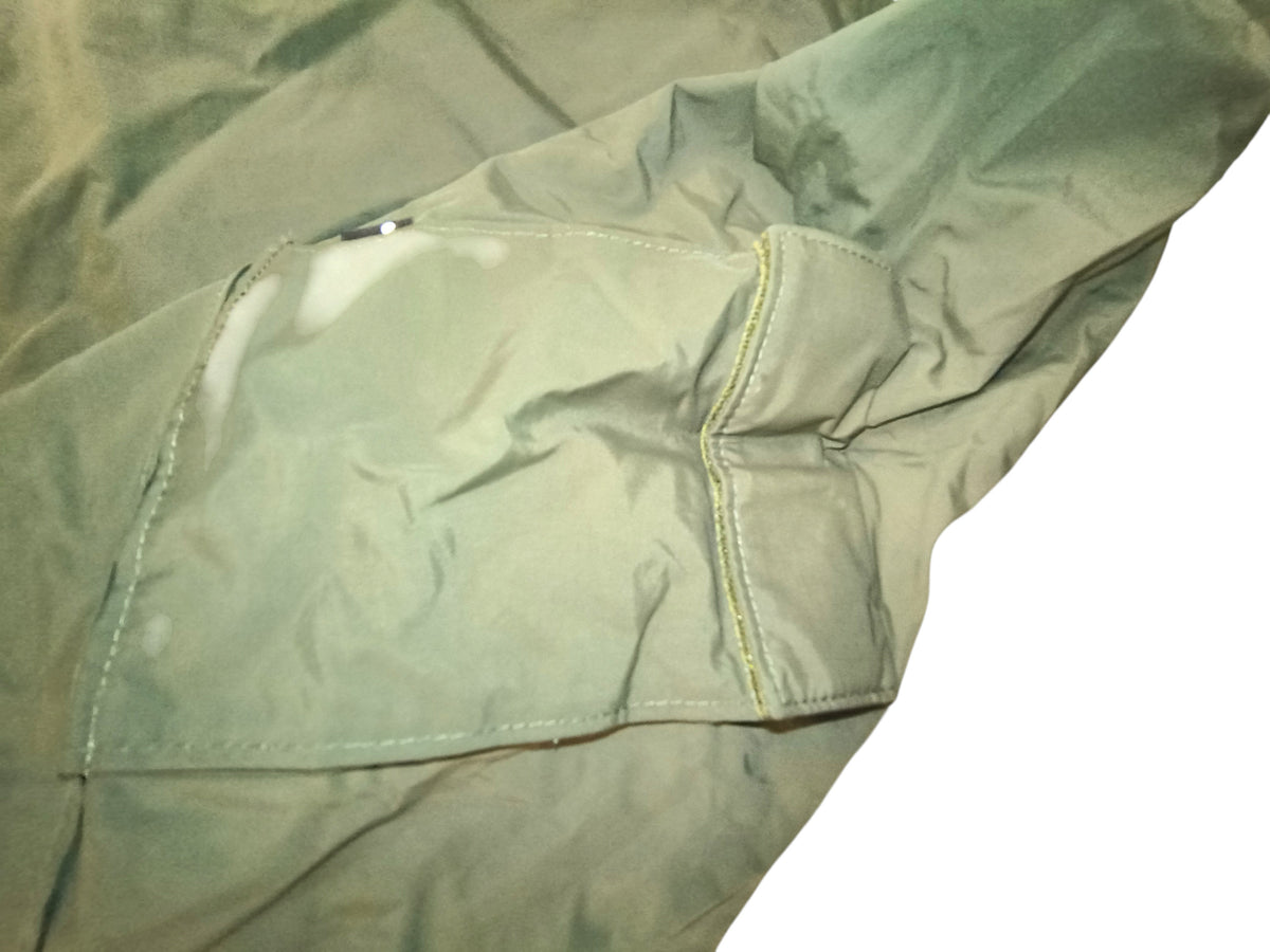 Awsum Thrift olive green water-resistant technical field jacket pocket detail with reinforced stitching