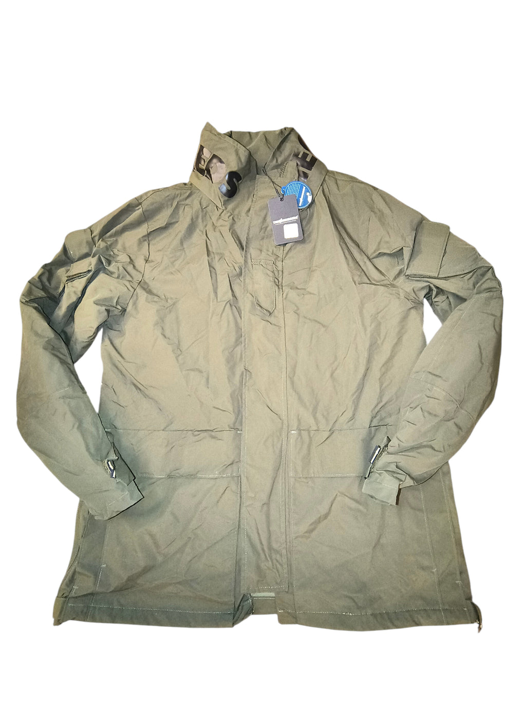 Awsum Thrift The Hundreds olive green water-resistant technical field jacket with logo collar and zip front closure.