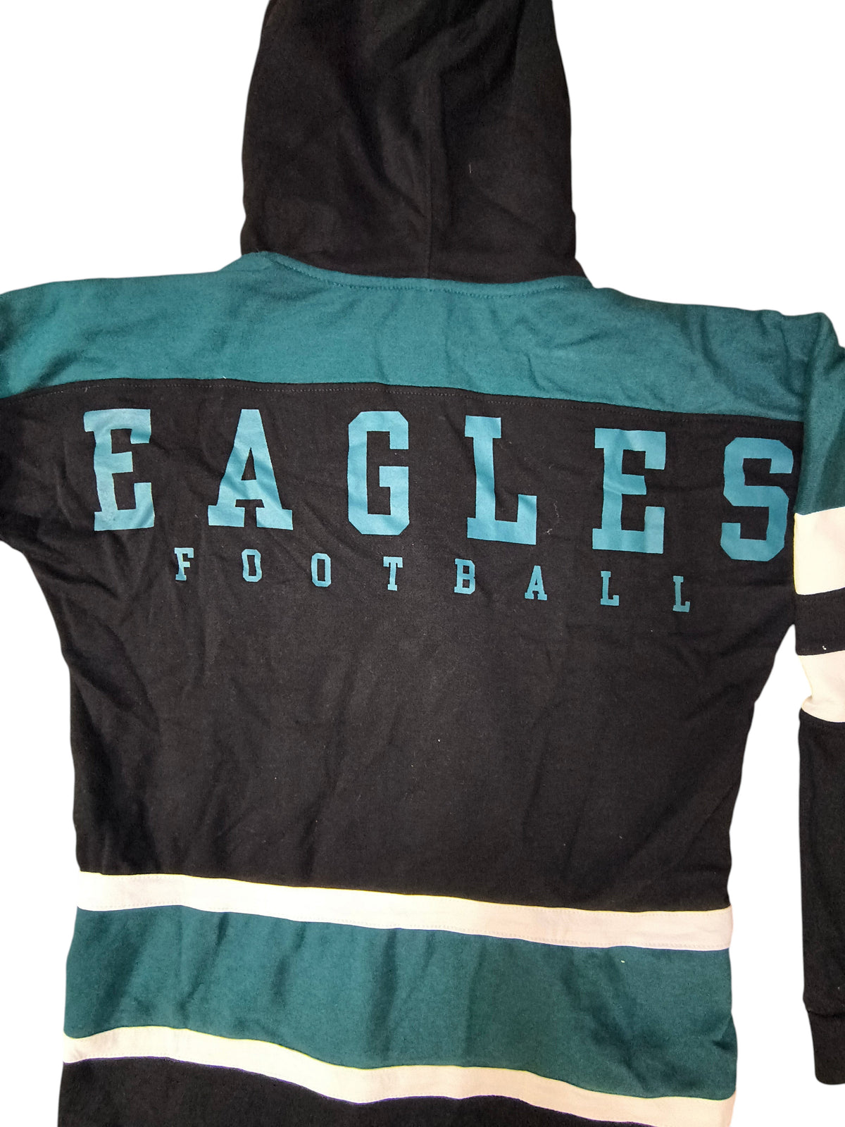 Awsum Thrift Philadelphia Eagles jersey hoodie with black and green colorblock, white stripes, and back logo print.