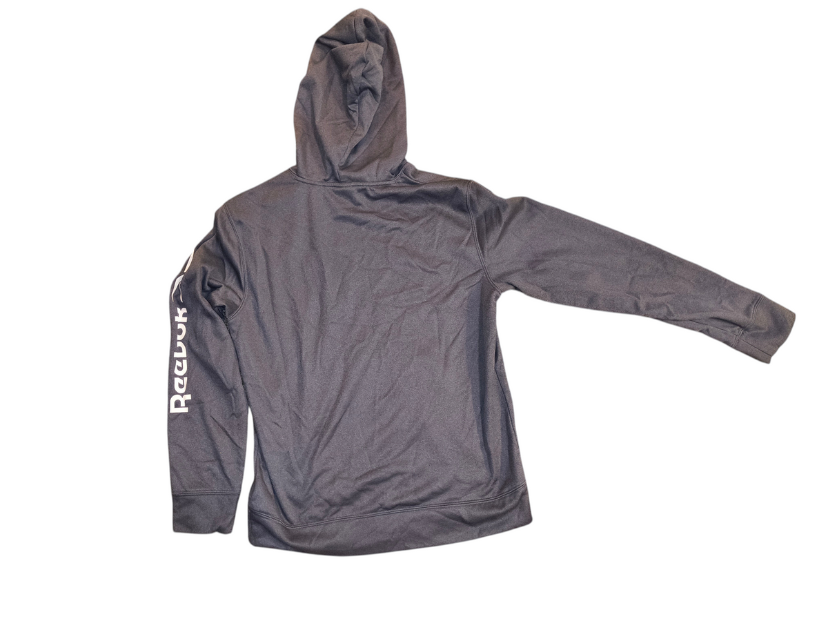 Awsum Thrift Reebok men's heather gray performance pullover hoodie with white logo print on the left sleeve