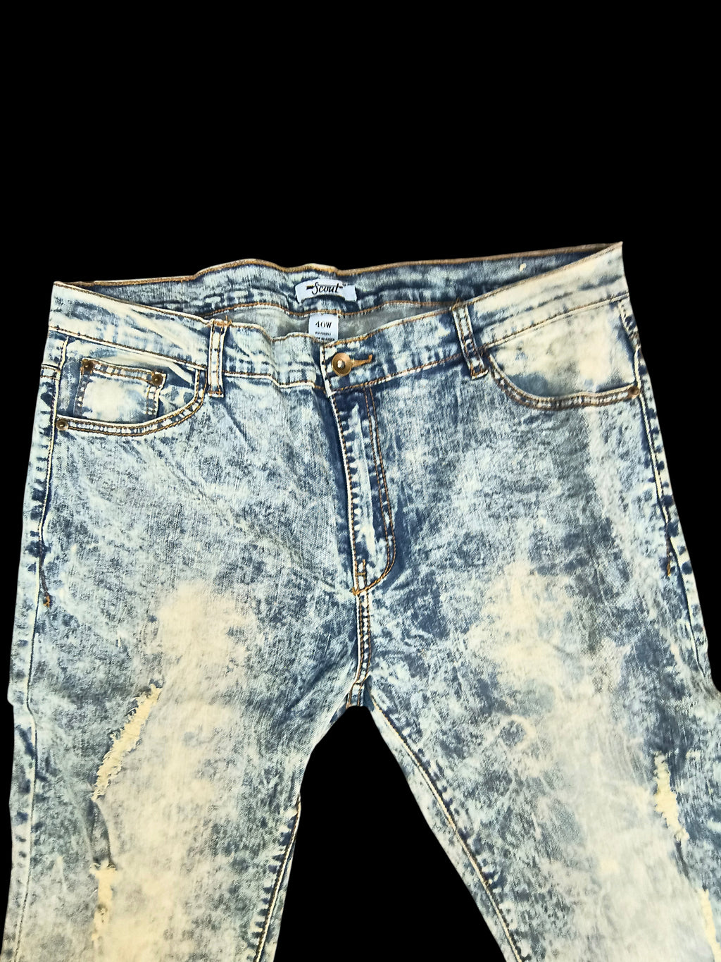 Awsum Thrift Scout Denim light blue acid wash slim fit jeans with distressed shredded thigh details
