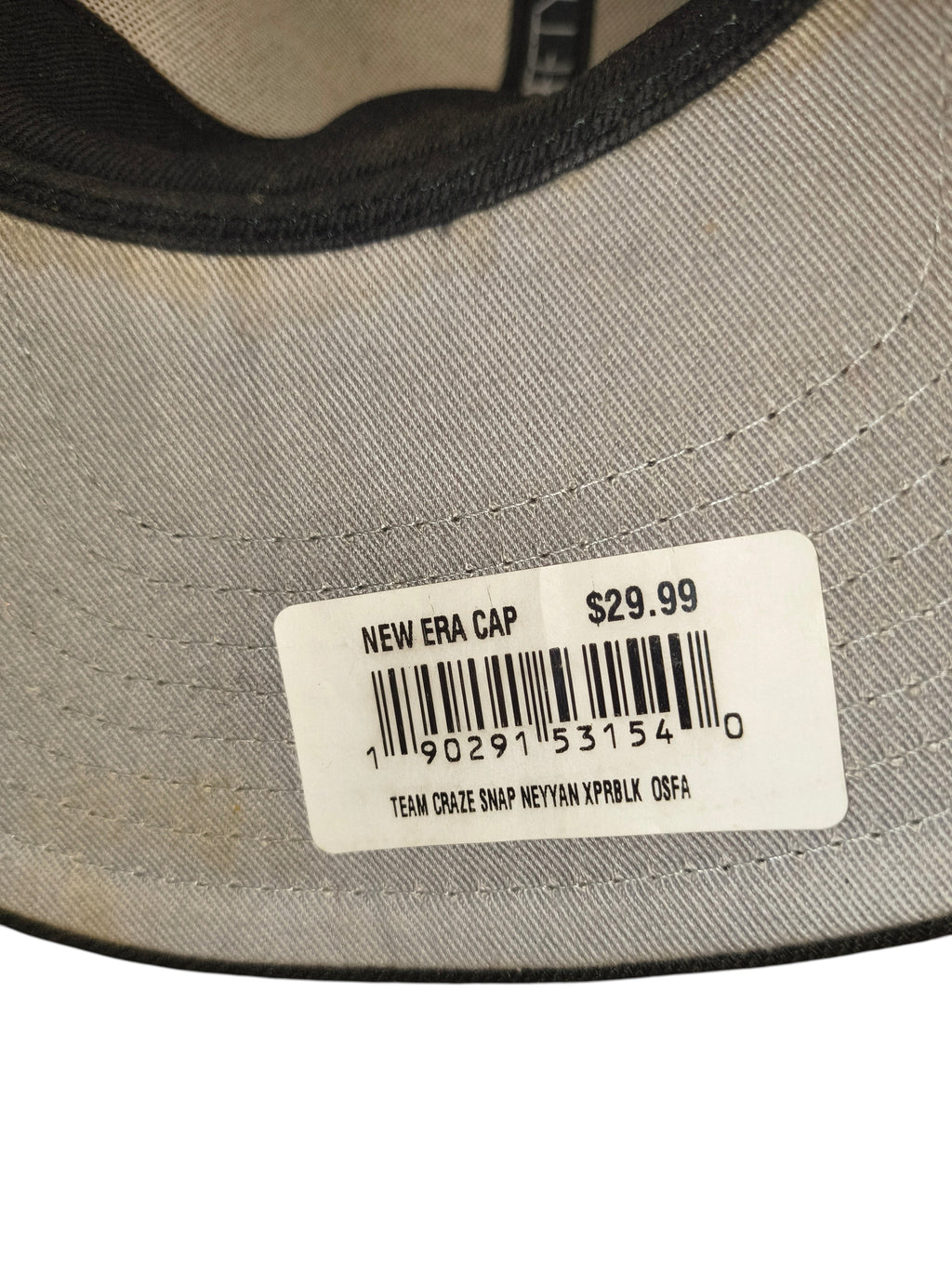 Awsum Thrift New Era New York Yankees snapback hat retail barcode sticker on grey under-visor