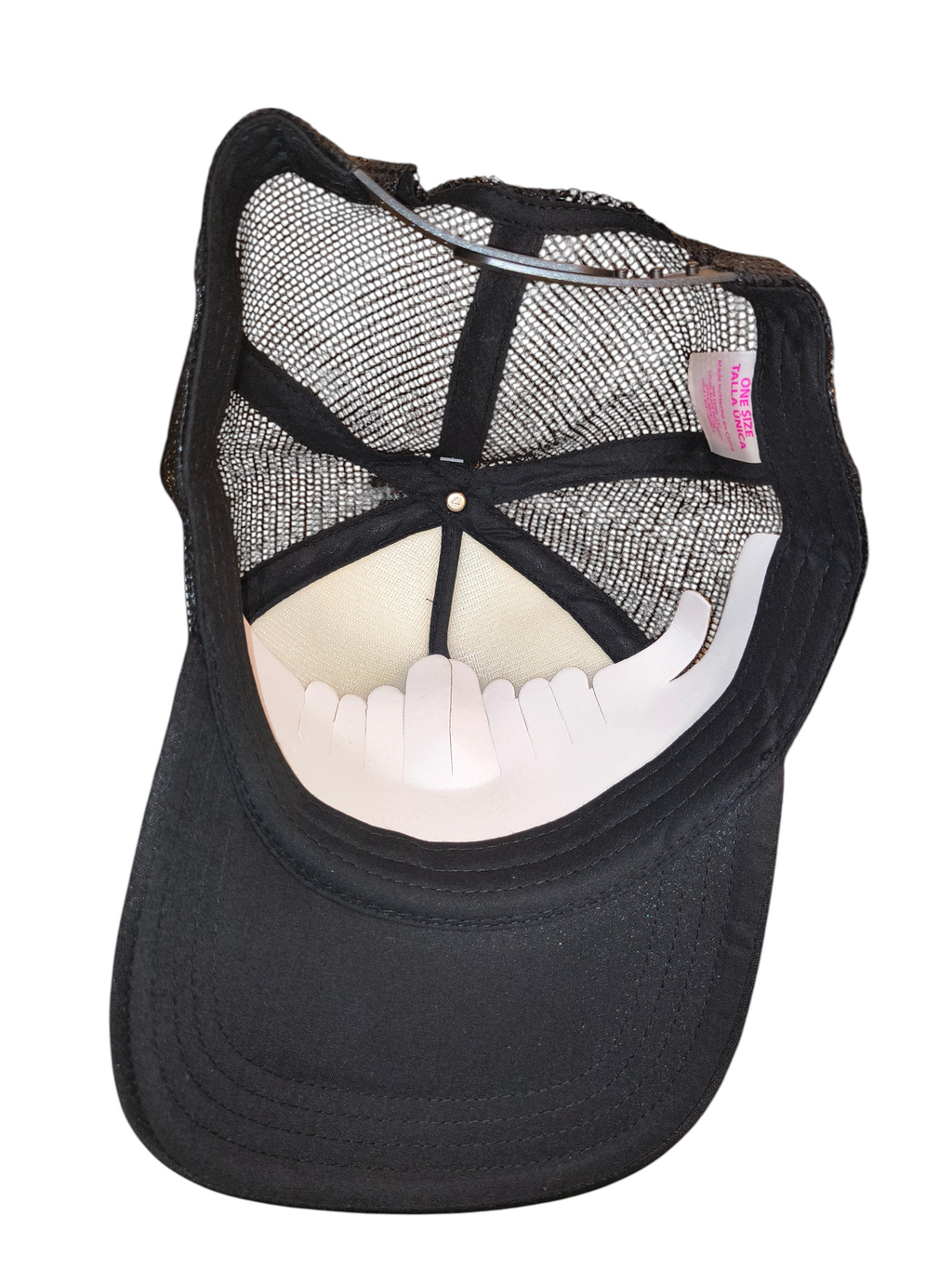 Awsum Thrift No Boundaries trucker hat interior showing black mesh back, foam brim, and adjustable snapback tag.