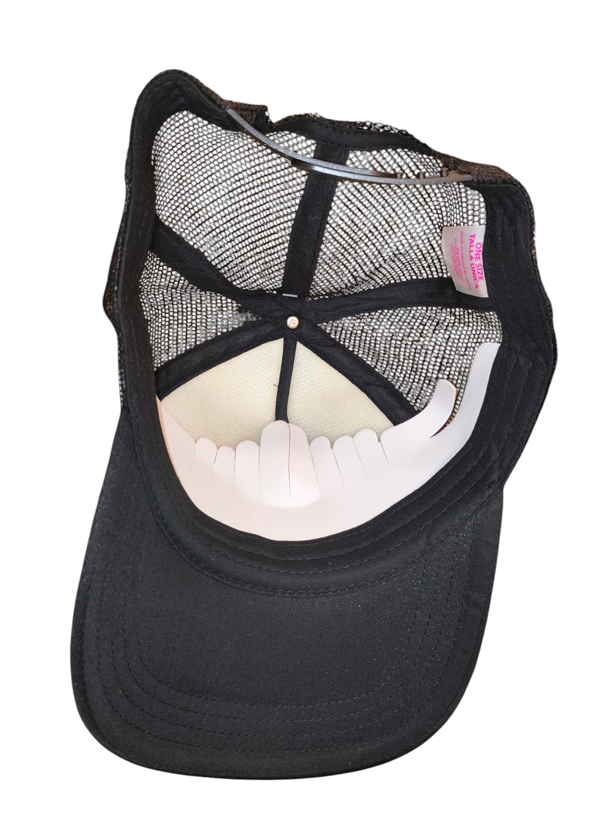 Awsum Thrift No Boundaries trucker hat interior showing black mesh back, foam brim, and adjustable snapback tag.