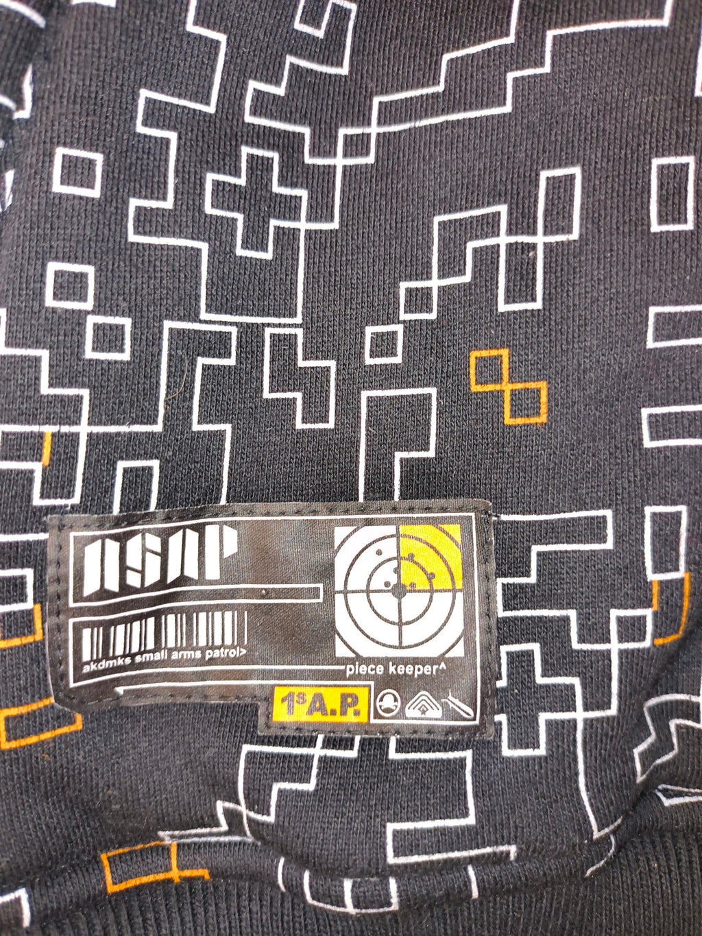 Awsum Thrift vintage Akademiks fleece jacket featuring a digital pixelated maze pattern and tactical target patch