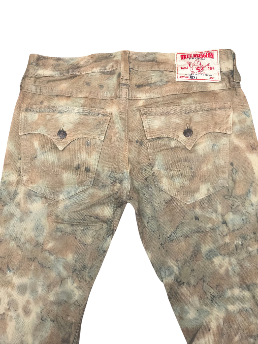 Awsum Thrift True Religion camo print denim jeans with back flap pockets and signature red brand patch