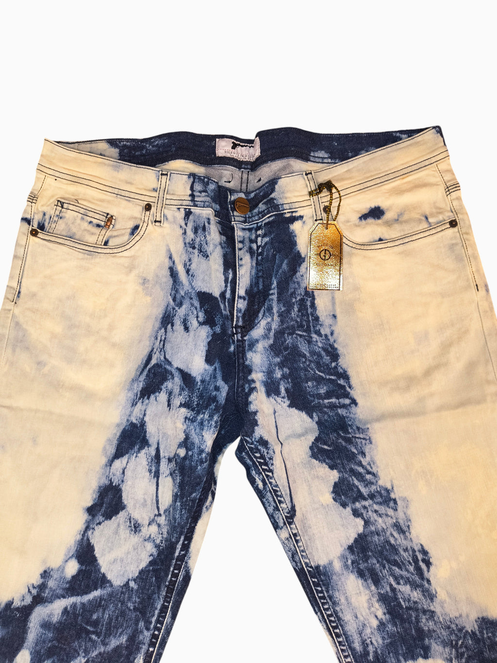 Awsum Thrift Golden Denim The Clark slim fit jeans in bleached indigo tie-dye cloud wash with copper rivet details