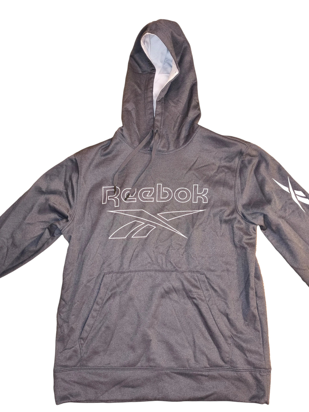 Awsum Thrift Reebok men's medium gray performance fleece pullover hoodie with white logo print and mesh-lined hood.