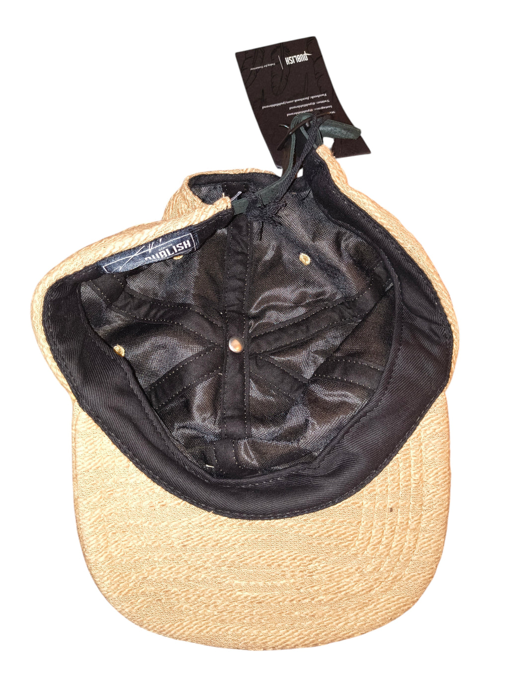 Awsum Thrift Publish Brand Davin 5-panel hat interior showing black satin lining and textured tan fabric crown