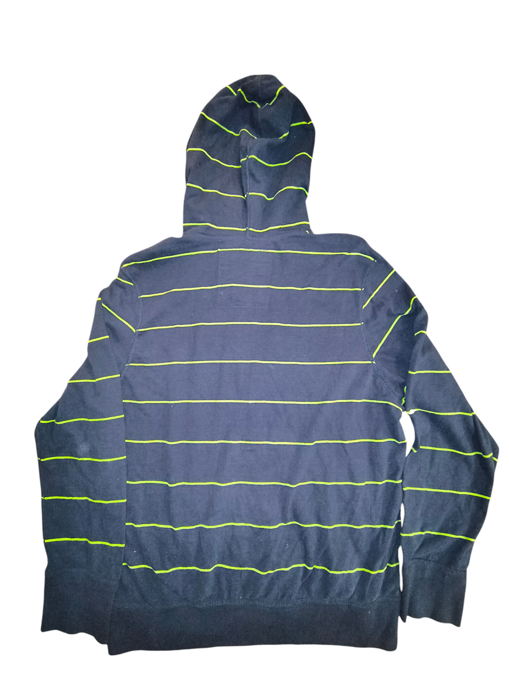 Awsum Thrift American Eagle Outfitters navy blue and neon green striped cotton full-zip hoodie, back view.