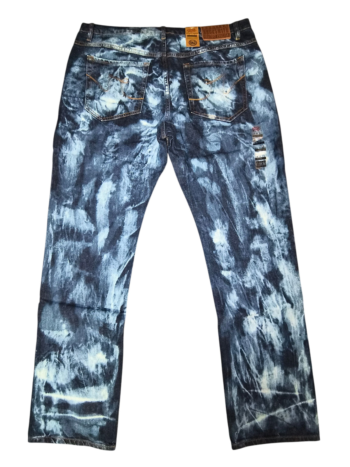 Awsum Thrift Rocksmith NYC straight leg jeans with dark indigo and white bleached tie-dye cloud wash back view