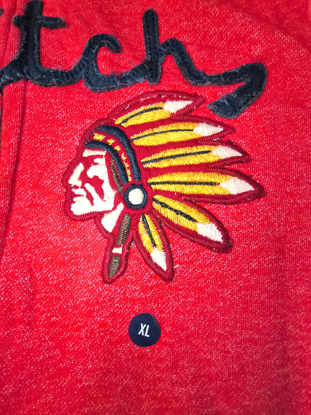 Awsum Thrift vintage Abercrombie & Fitch red fleece hoodie featuring a detailed embroidered chief headdress patch.