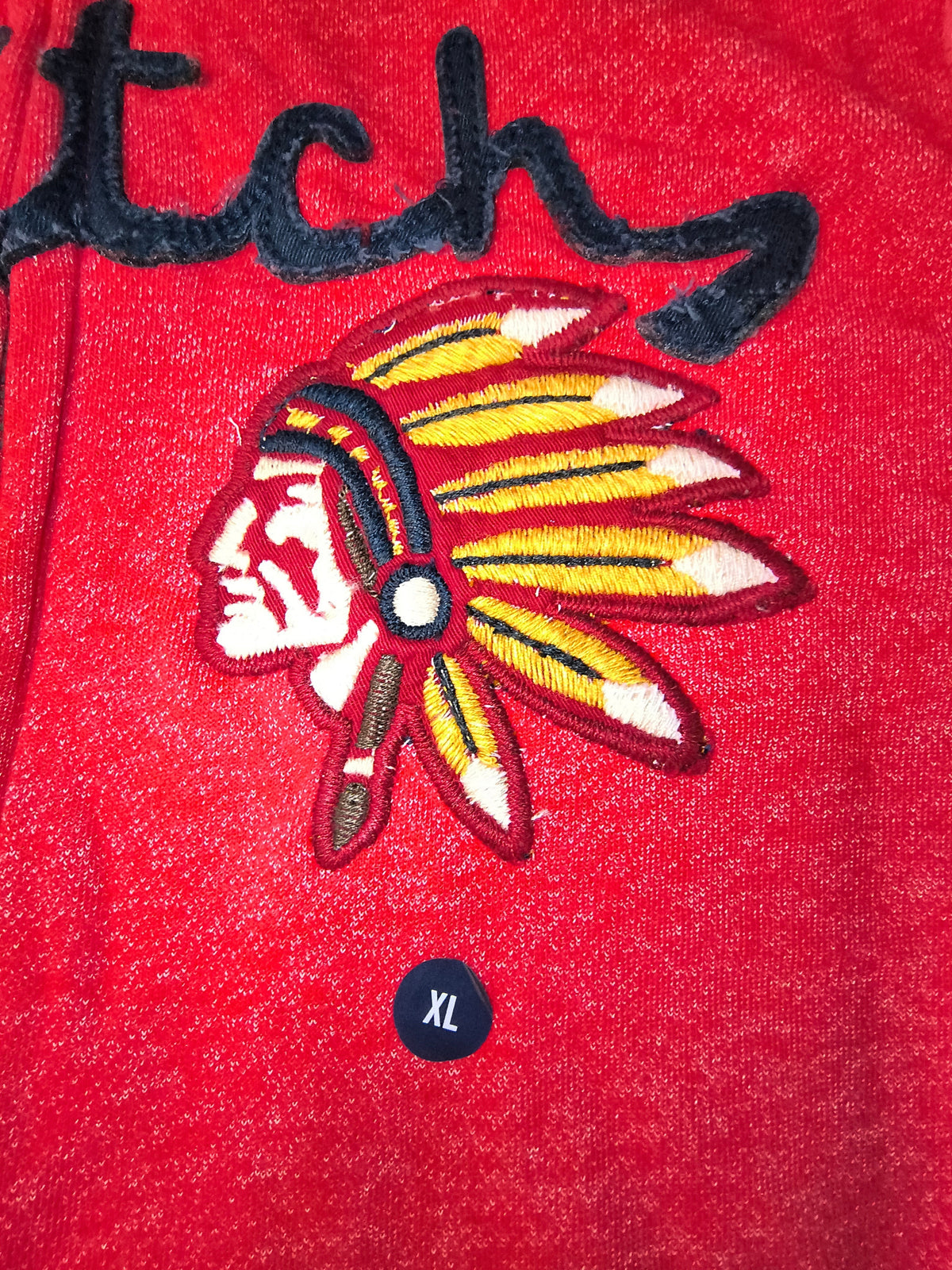 Awsum Thrift vintage Abercrombie & Fitch red fleece hoodie featuring a detailed embroidered chief headdress patch.